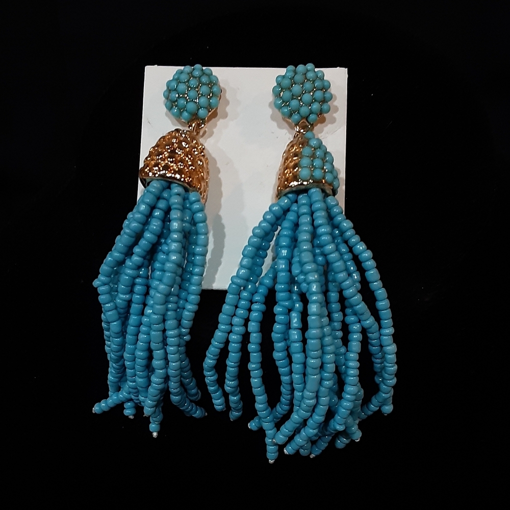 Elegant Blue Beaded Tassel Earrings J133